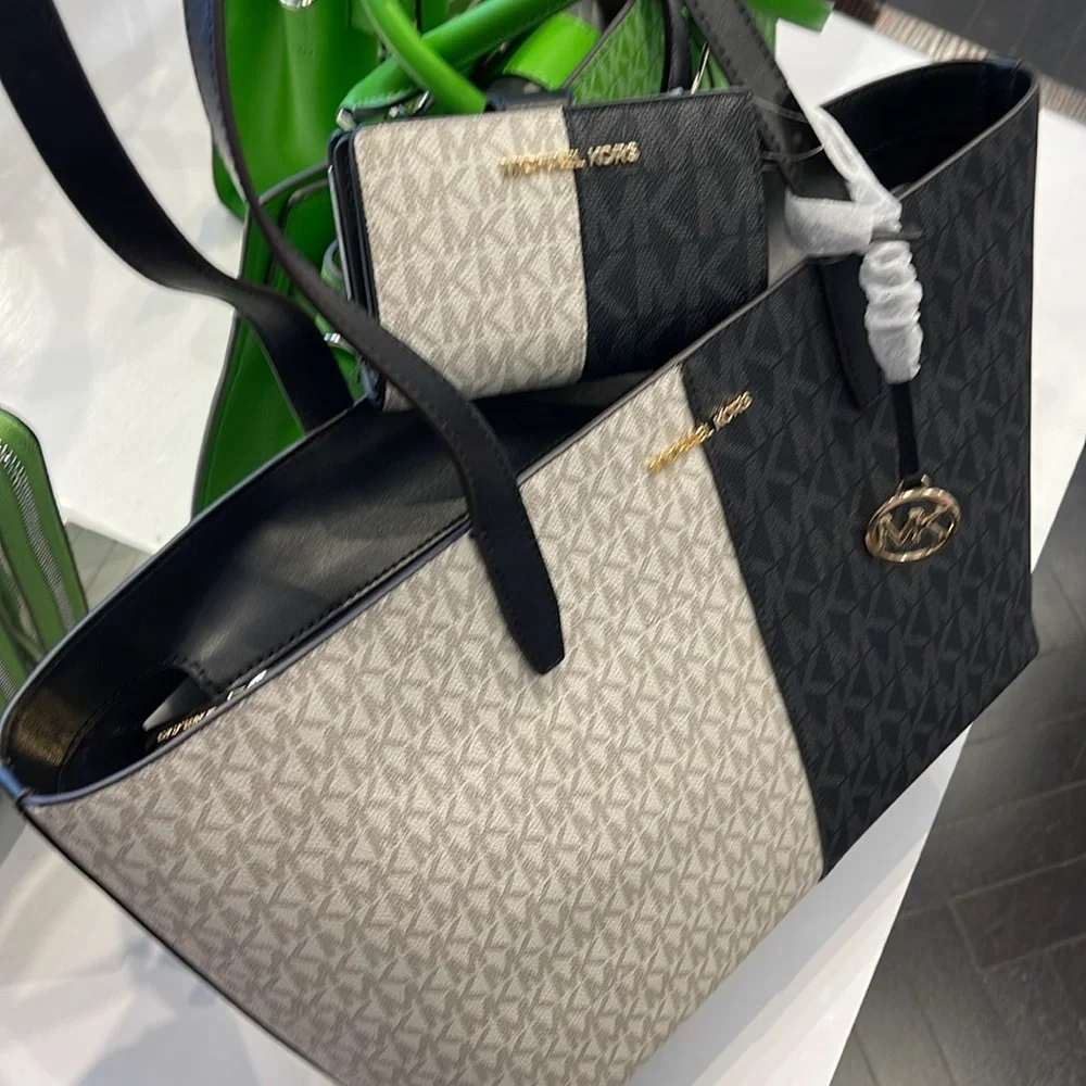 Michael Kors Jet Set Medium Two-Tone Logo Tote & Medium Two-Tone Logo Wallet NWT